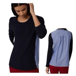 Loft Mixed Media Top Navy Blue Waffle Knit Chambray Stripe Long Sleeve M